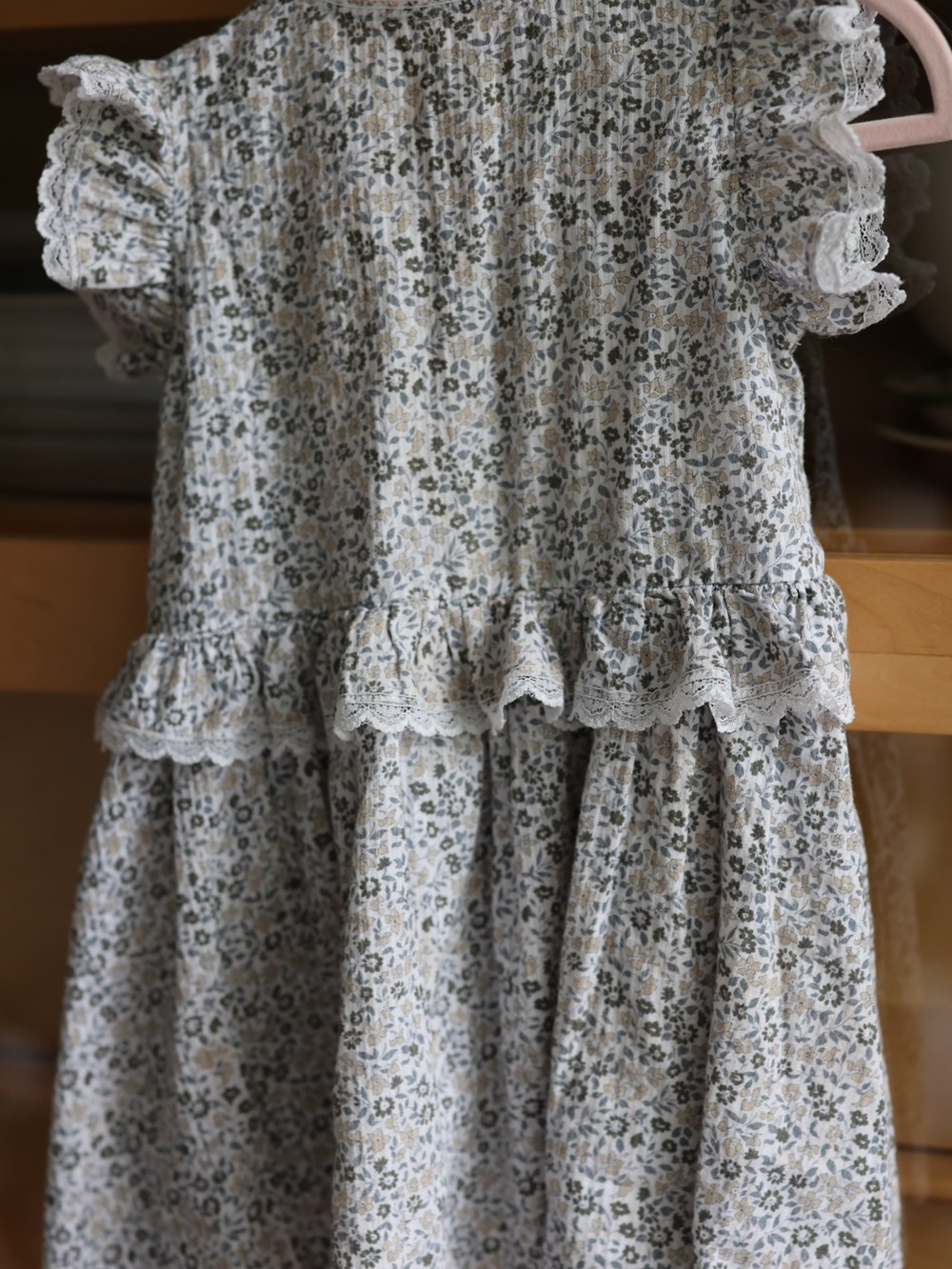 Girls' Cotton Floral Ruffle Dress in White and Sage